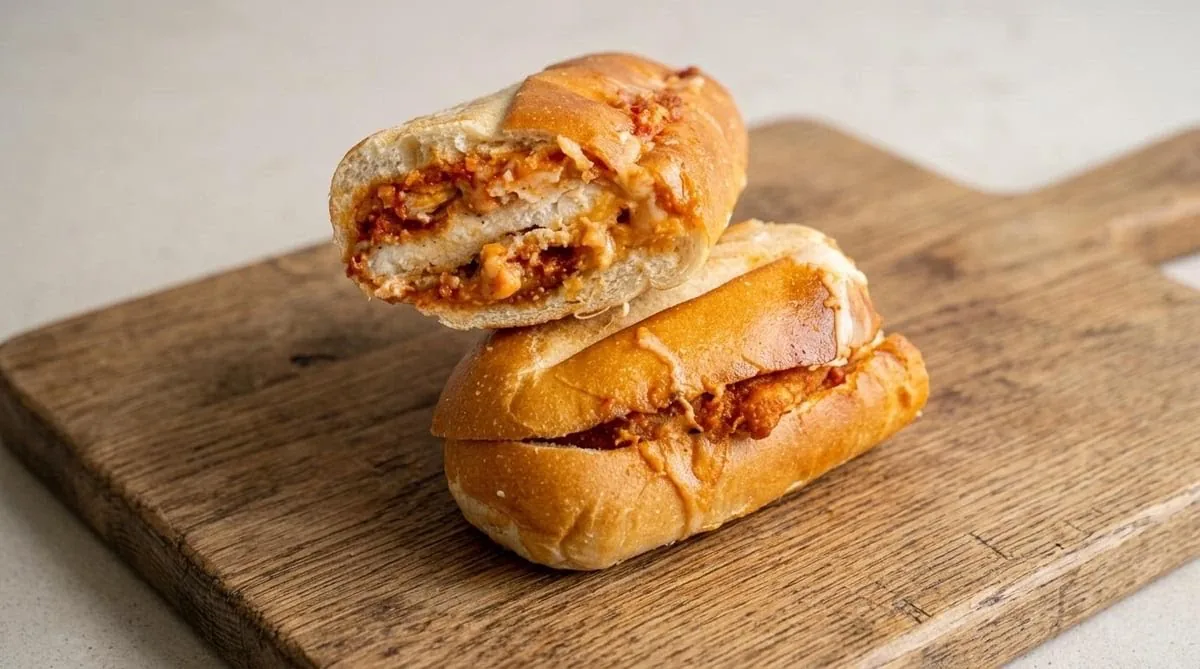 Chicken parm heroes on a wooden board